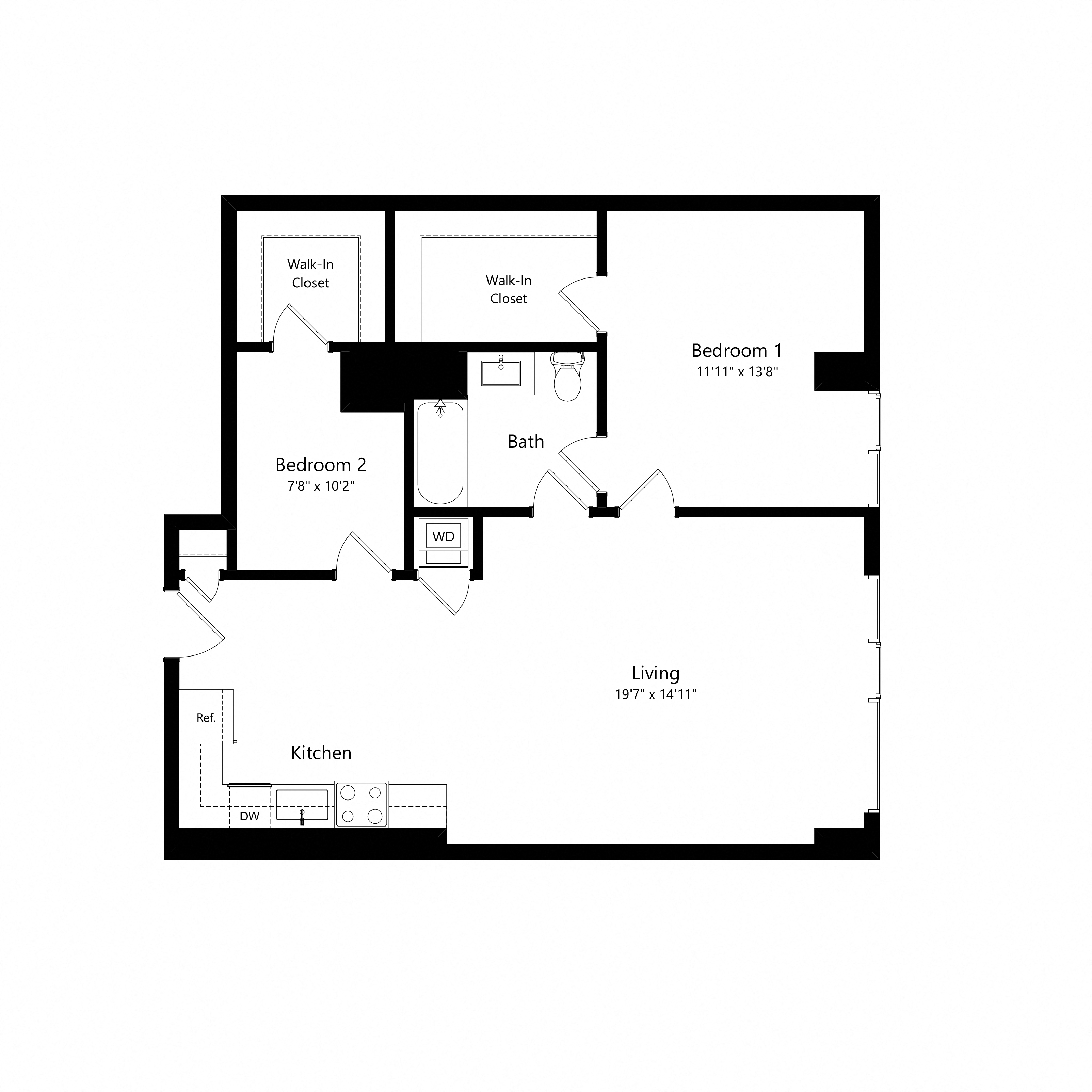 Floor plan for 2 beds, 1 bath, 939 sqft